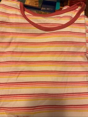 Lands' End Short Sleeve Ribbed Tee in White with Pink and Yellow Stripes